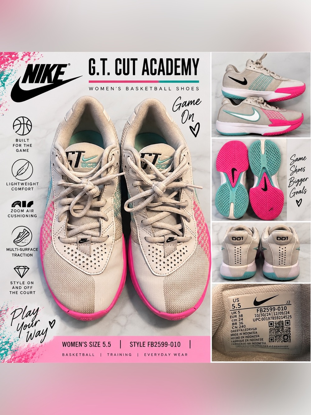 Nike Women's G.T. Cut Academy Basketball Shoes — White with Pink & Teal